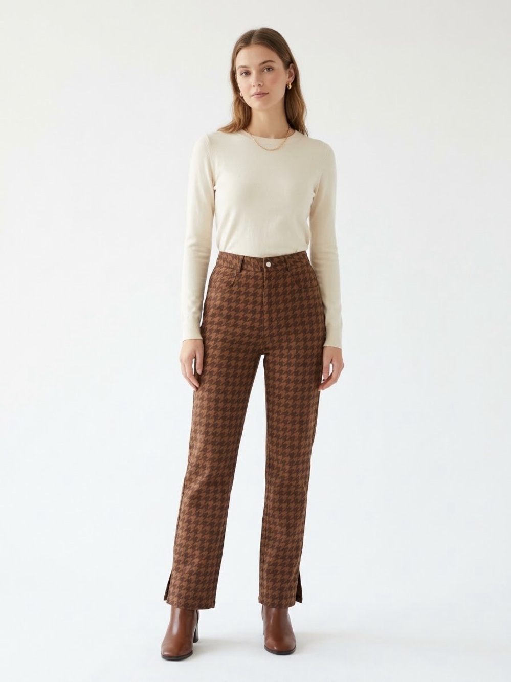 Princess Polly Brown Houndstooth Straight Leg Slit Hem Pants Size 6 High Rise